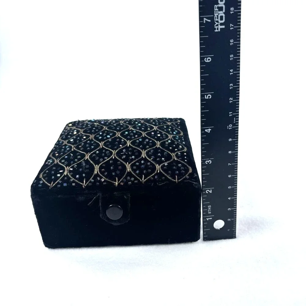 Decorative Velvet Beaded Gift Box Black Vintage Square Soft Luxury‎ Christmas